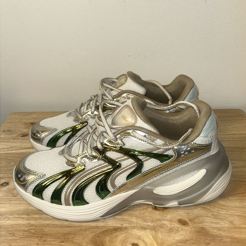 Puma Inverse Sneakers Women’s Size 9.5 White Gold Green Athletic Running Shoes